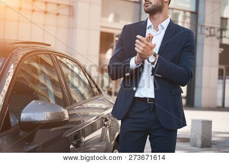 Young Businessman Near New Car Wating For Meeting