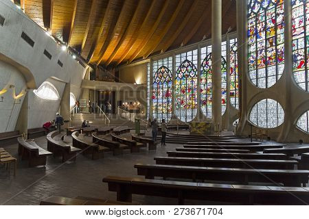 Rouen, France - August 30, 2018: Old Stained Glass Windows In A Modern Catholic Church. Church Of Sa