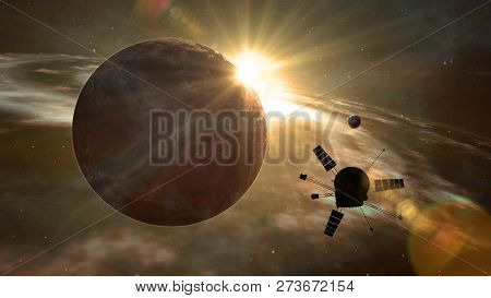 Space Probe Orbiting And Exploring Distant Solar System And Exoplanets. Realistic Deep Cosmos Satell
