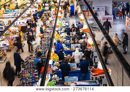 Kyiv, Ukraine - December 8, 2018: View From Above At Supermarket Varus At Kyiv, Ukraine On December 