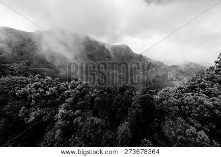 View Of The Macizo De Anaga Mountain Range. Tenerife. Canary Islands. Spain. Black And White.