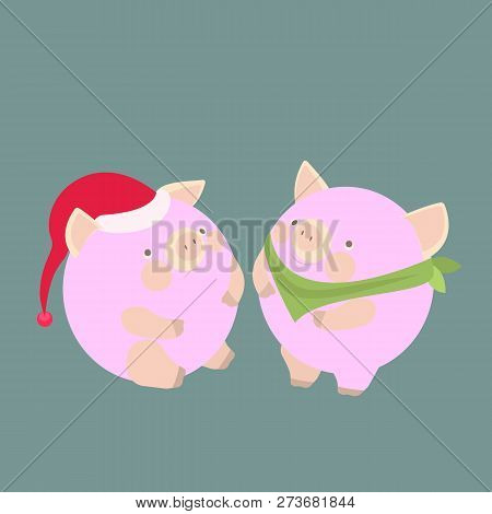 Vector Illustration With Cute Piglet. Symbol New Year. Happy Christmas Funny Pig