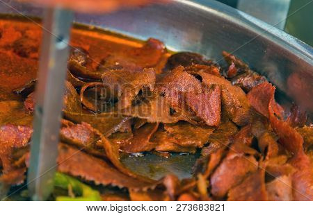 Istanbul Street Food Doner Kebab Made Of Meat Cooked On A Vertical Rotisserie. Traditional Turkish D