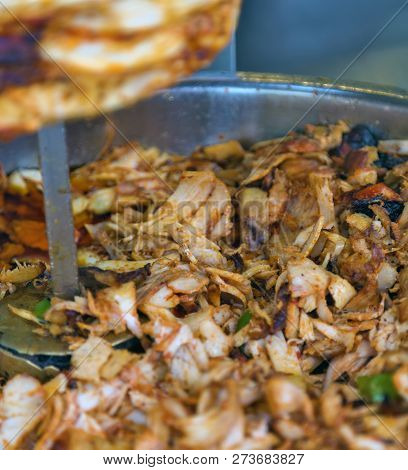 Istanbul Street Food Doner Kebab Made Of Meat Cooked On A Vertical Rotisserie. Traditional Turkish D