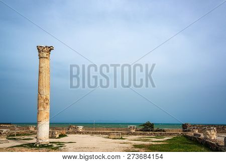 Single Solitary Column In The Antonine Baths In The Ancient City Of Carthage, Tunisia