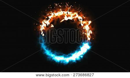 Bright Dymanic Fire And Ice Ring In Space, This Is Opposite Symbol, 3d Render, Computer Generated Ba