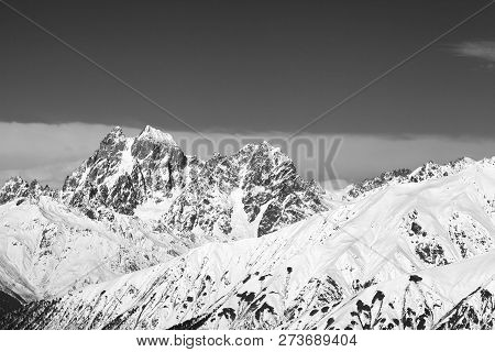 Black And White Snowy Mountains At Sunny Winter Day. Caucasus Mountains. Svaneti Region Of Georgia, 