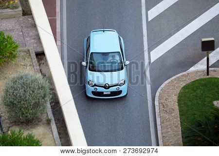 Monte-carlo, Monaco - October 5 2018 : Aerial View Of A Renault Twingo Iii Powder Blue Car (top View