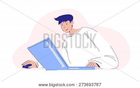 Boy Looking At Laptop Screen And Smiling