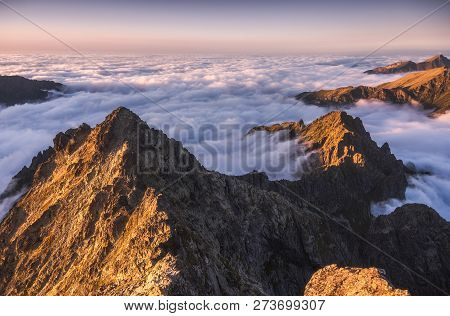 Mountains Landscape With Inversion In The Valley At Sunset As Seen From Rysy Peak In High Tatras, Sl