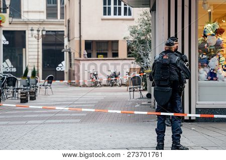 Strasbourg, France - Dec 11, 2018: French Police Officers Securing Rue Du Saumon Zone Of A Crime Sce