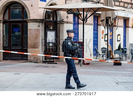 Strasbourg, France - Dec 11, 2018: French Police Officers Securing Rue Du Saumon Zone Of A Crime Sce