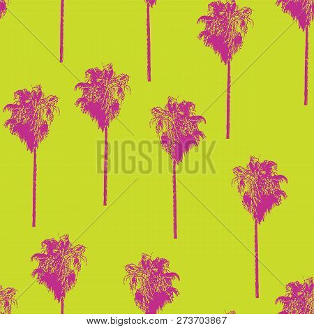 Palm Trees Retro-style Pink On A Lime Green Background. Seamless Vector Pattern