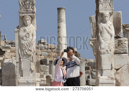 Tourists Taking Selfie At The Hercules Gate In The Ancient City Of Ephesus (turkey) - 17 June 2017