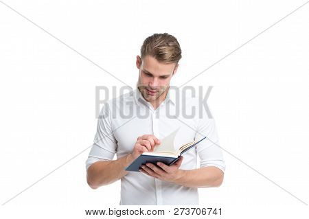 Businessman Read Book For Self Improvement. Looking Interesting Idea. Reading Literature For Adult. 