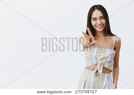 Let Us Travel World And Enjoy Life. Portrait Of Good-looking Feminine And Elegant Dark-haired Female