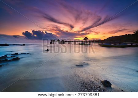 A Long Exposure Of A Stone Jetty Leading Into The Sea During Monsun Season, Tanjung Balau,johore,mal
