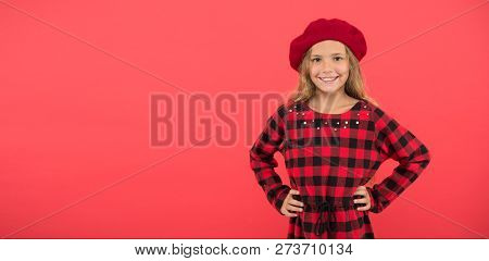 Wear Beret Like Fashion Girl. Kid Little Cute Girl With Long Blonde Hair Posing In Beret Hat And Che