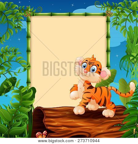 Cartoon Tiger On Hollow Log Near The Empty Framed Signboard