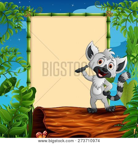 Cartoon Raccoon Presenting On Hollow Log Near The Empty Framed Signboard