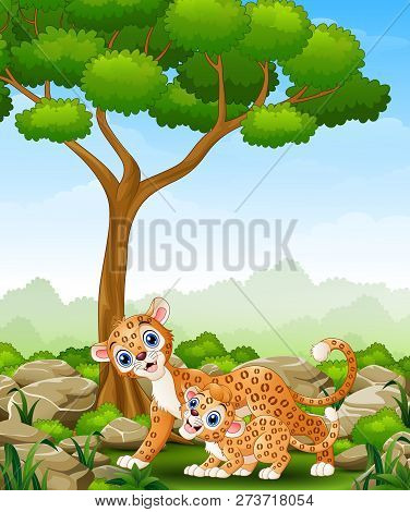 Cartoon Mother Leopard And Cub Leopard In The Jungle
