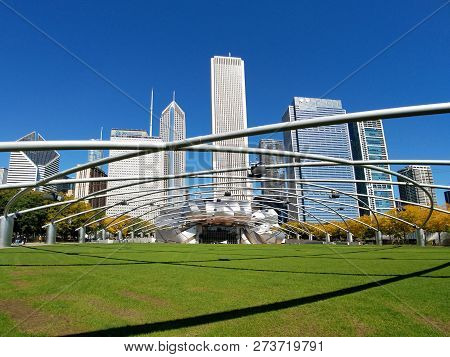 Chicago, Illinois 10-08-2016 The Jay Pritzker Pavilion In Millennium Park On A Clear, Sunny Fall Day