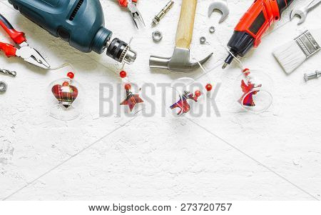 Merry Christmas And Happy New Years Handy Constrcution Tools Background Concept.  Handy House Fix Di