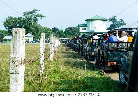 Kajiranga National Park, Assam, India, Asia, May 6, 2018: Tourist Cars Lined Up Outside Kaziranga Na