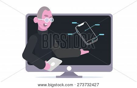 Presentation Of A New Smartphone, Gadget. Popular Blogger Review Concept Vetor. Online Streaming Vid