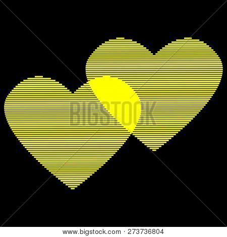 Two Hearts Of Gold Lines Sign. Beautiful Yellow Icon Isolated On Black Background. Logo For Romantic