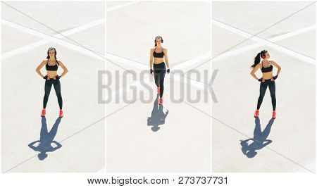 Young, fit and sporty woman doing sports at the stret. Fitness, sport, urban jogging and healthy lifestyle concept.
