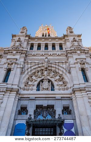 Madrid, Spain - December 6, 2018: Low Angle View Of Madrid City Hall Against Blue Sky