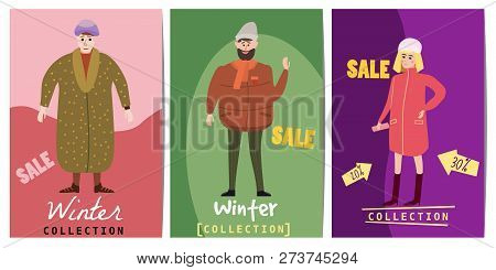 Set Of Winter Sale Cards With The Characters Of People, Men And Women Of Different Ages In Winter Cl