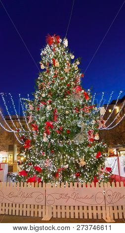 Ancona, Italy - December 12, 2018: Wonderful And Giant Christmas Tree At Night In Piazza Pertini In 