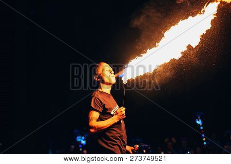 Vichuga, Russia - June 17, 2018: Fire Show, Fakir Man Makes The Night Presentation