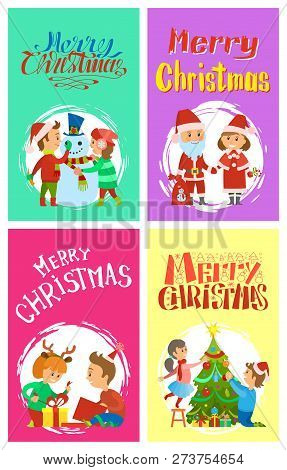Merry Christmas Holidays Children Building Snowman, Santa Claus And Snow Maiden. Children Open Boxes