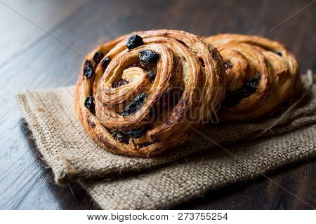 Danish Spiral Cinnamon Raisin Roll / German Pastry Schnecken On Sack.