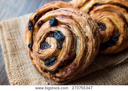 Danish Spiral Cinnamon Raisin Roll / German Pastry Schnecken On Sack.
