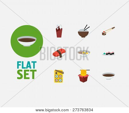 Food Icons Set. Soy And Food Icons With Sushi Sticks, Hawker And Sushi Set. Set Of Boiled For Web Ap
