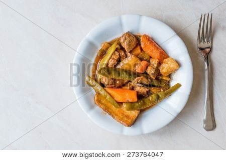 Turkish Food Turlu Mixed Vegetables With Cubed Meat.