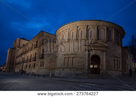 Salamanca, Spain; December 2018: Night View Of The Building That Houses The Hospederia Colegio Arzob