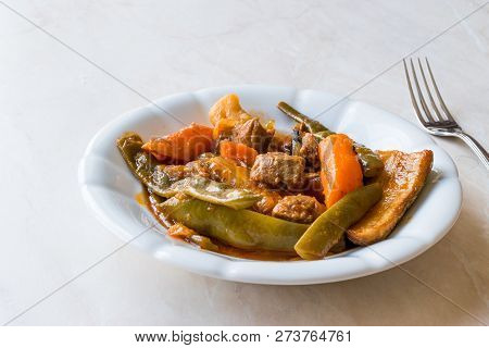 Turkish Food Turlu Mixed Vegetables With Cubed Meat.