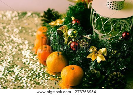 Christmas Tree And Decorations On Wooden Background. Place For Copy Space.