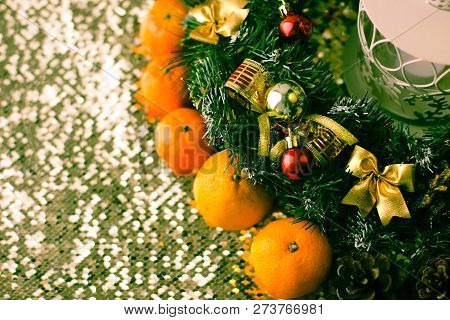 Christmas Tree And Decorations On Wooden Background. Place For Copy Space.
