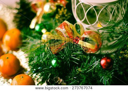 Christmas Tree And Decorations On Wooden Background. Place For Copy Space.