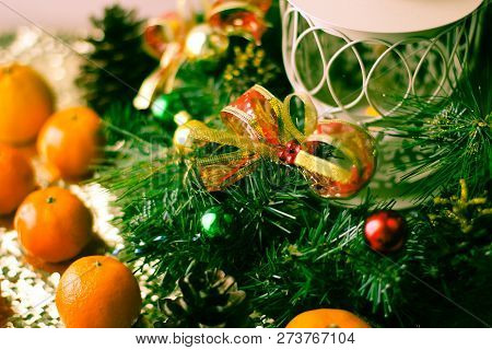 Christmas Tree And Decorations On Wooden Background. Place For Copy Space.