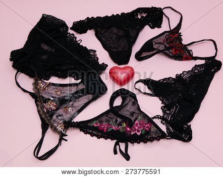 Set Of Womans Girls Black Sexy Panties Around Red Heart