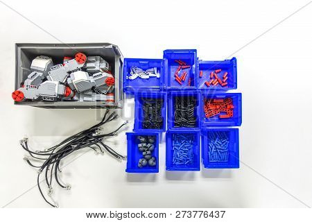 Vilnius, Lithuania - November 23, 2018: Robot Lego Mindstorms Ev3 Details On White Desk