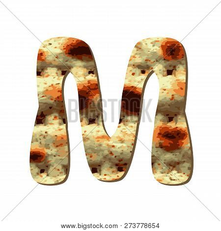Rounded Capital English Letter M With Matza Texture. Font For Passover. Vector Illustration On Isola