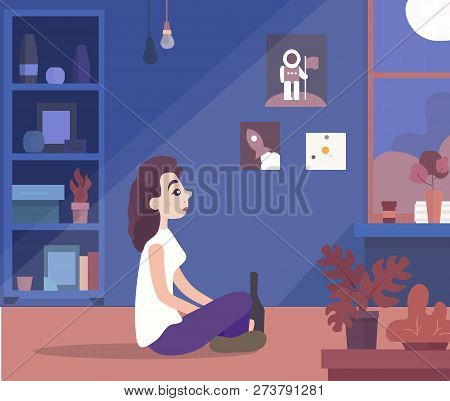 Beautiful Vector Illustration. Girl Teenager With A Rings In Her Ears And Brows  Sitting In The Room